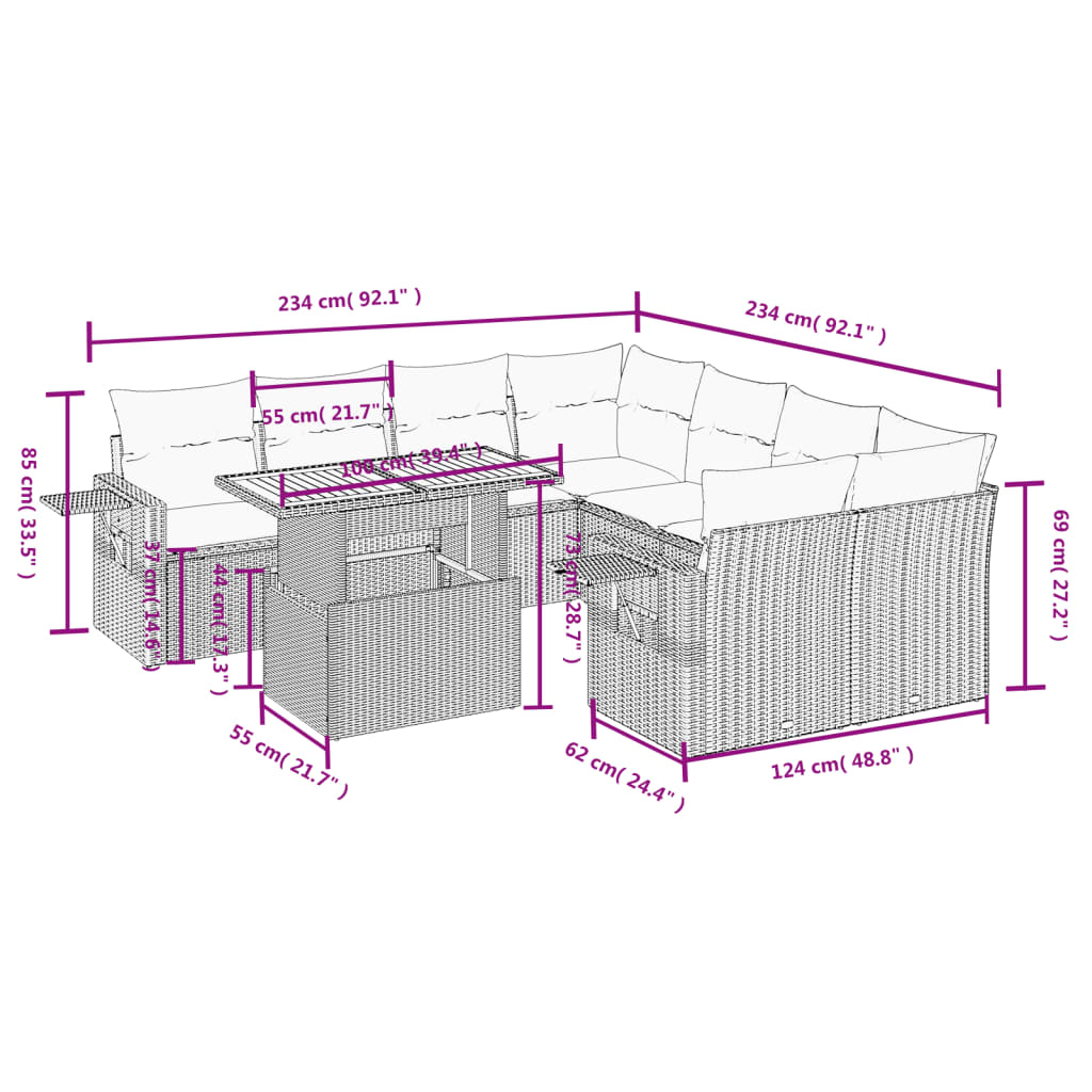 Set Divano da Giardino 9 pz con Cuscini Grigio in Polyrattan | homemem39