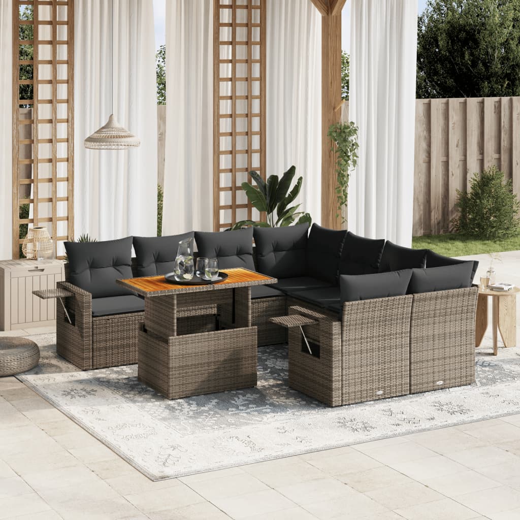 Set Divano da Giardino 9 pz con Cuscini Grigio in Polyrattan | homemem39