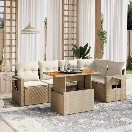 Set Divano da Giardino 6 pz con Cuscini Beige in Polyrattan