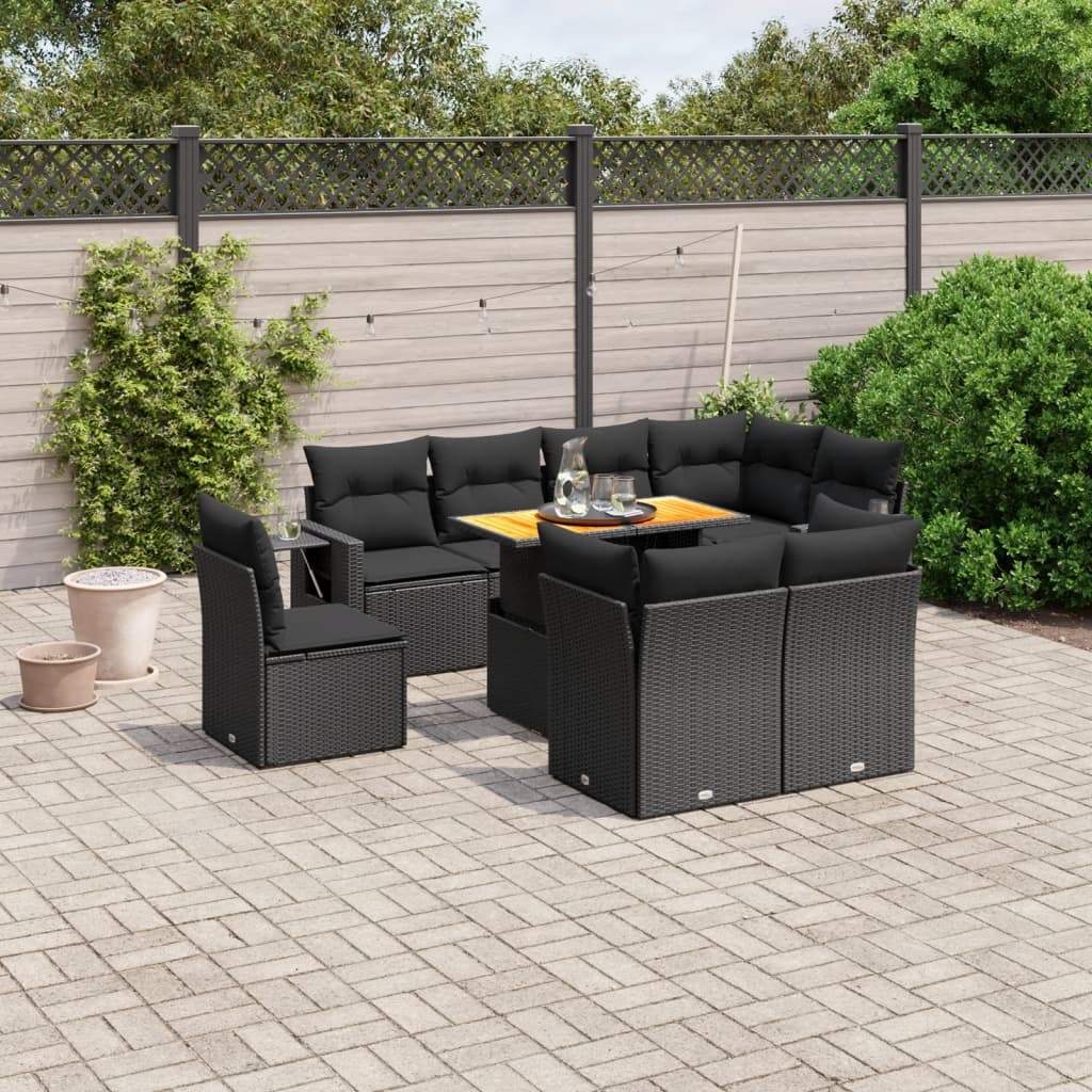 Set Divani da Giardino 9 pz con Cuscini Nero in Polyrattan - homemem39