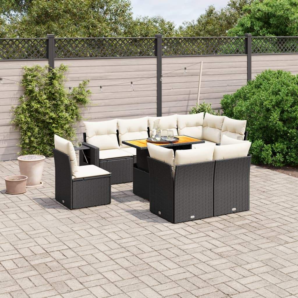 Set Divani da Giardino 9 pz con Cuscini Nero in Polyrattan - homemem39