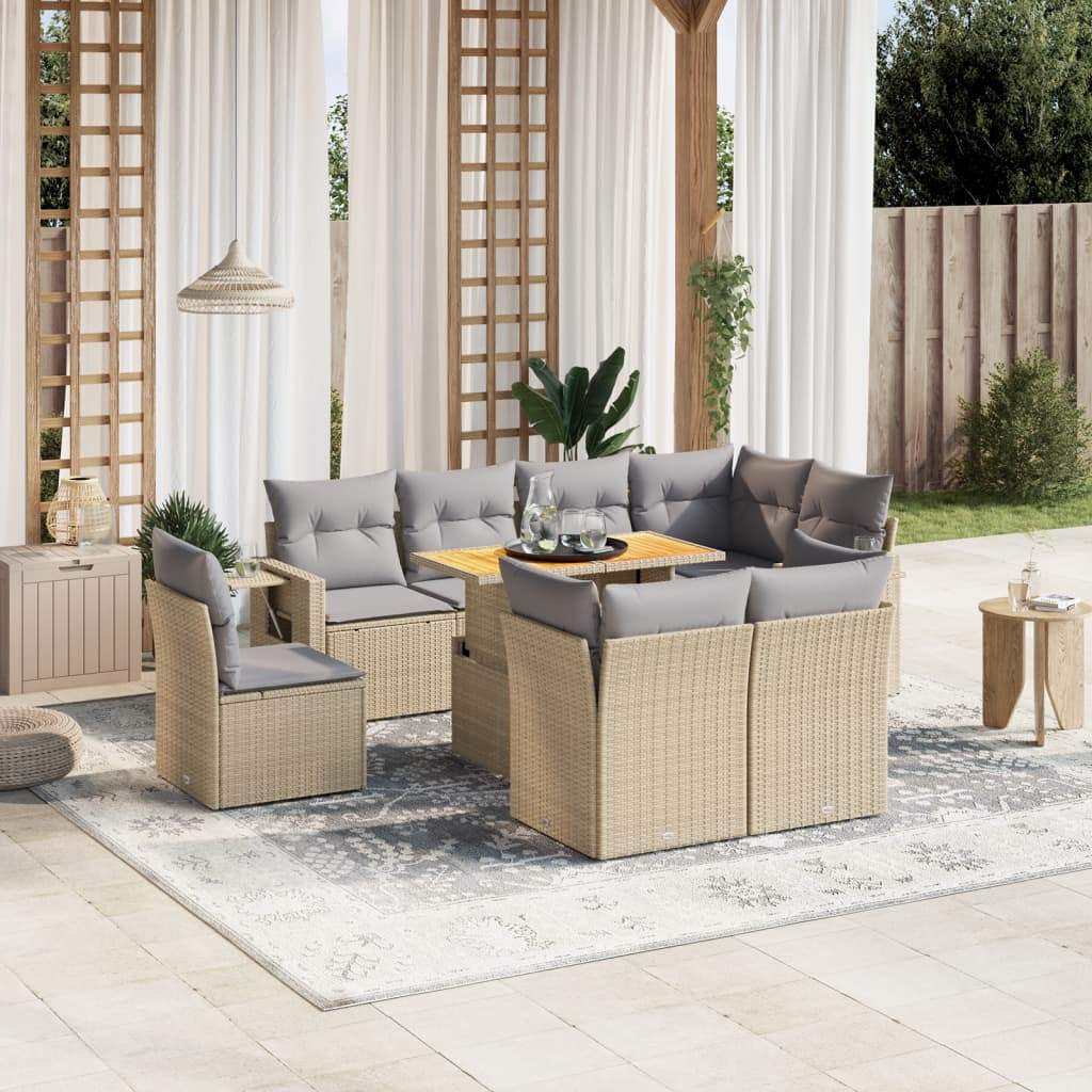 Set Divano da Giardino 9 pz con Cuscini Beige in Polyrattan - homemem39