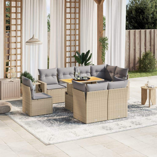 Set Divano da Giardino 9 pz con Cuscini Beige in Polyrattan - homemem39
