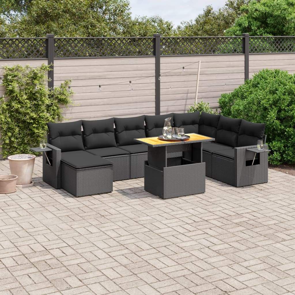 Set Divani da Giardino 9 pz con Cuscini Nero in Polyrattan - homemem39