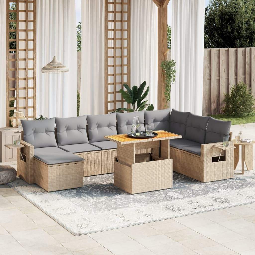 Set Divano da Giardino 9 pz con Cuscini Beige in Polyrattan - homemem39