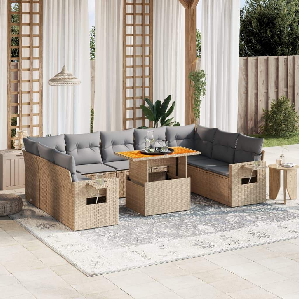 Set Divano da Giardino 10 pz con Cuscini Beige in Polyrattan - homemem39