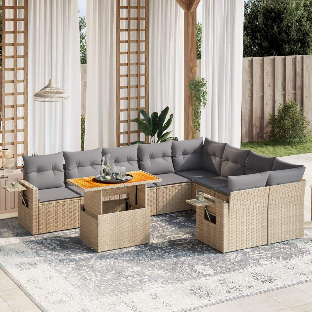 Set Divano da Giardino 10 pz con Cuscini Beige in Polyrattan - homemem39
