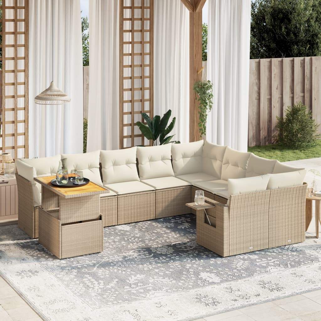 Set Divano da Giardino 10 pz con Cuscini Beige in Polyrattan - homemem39