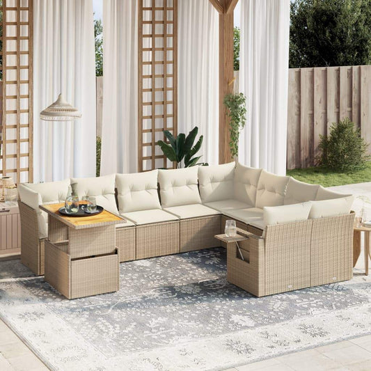 Set Divano da Giardino 10 pz con Cuscini Beige in Polyrattan - homemem39