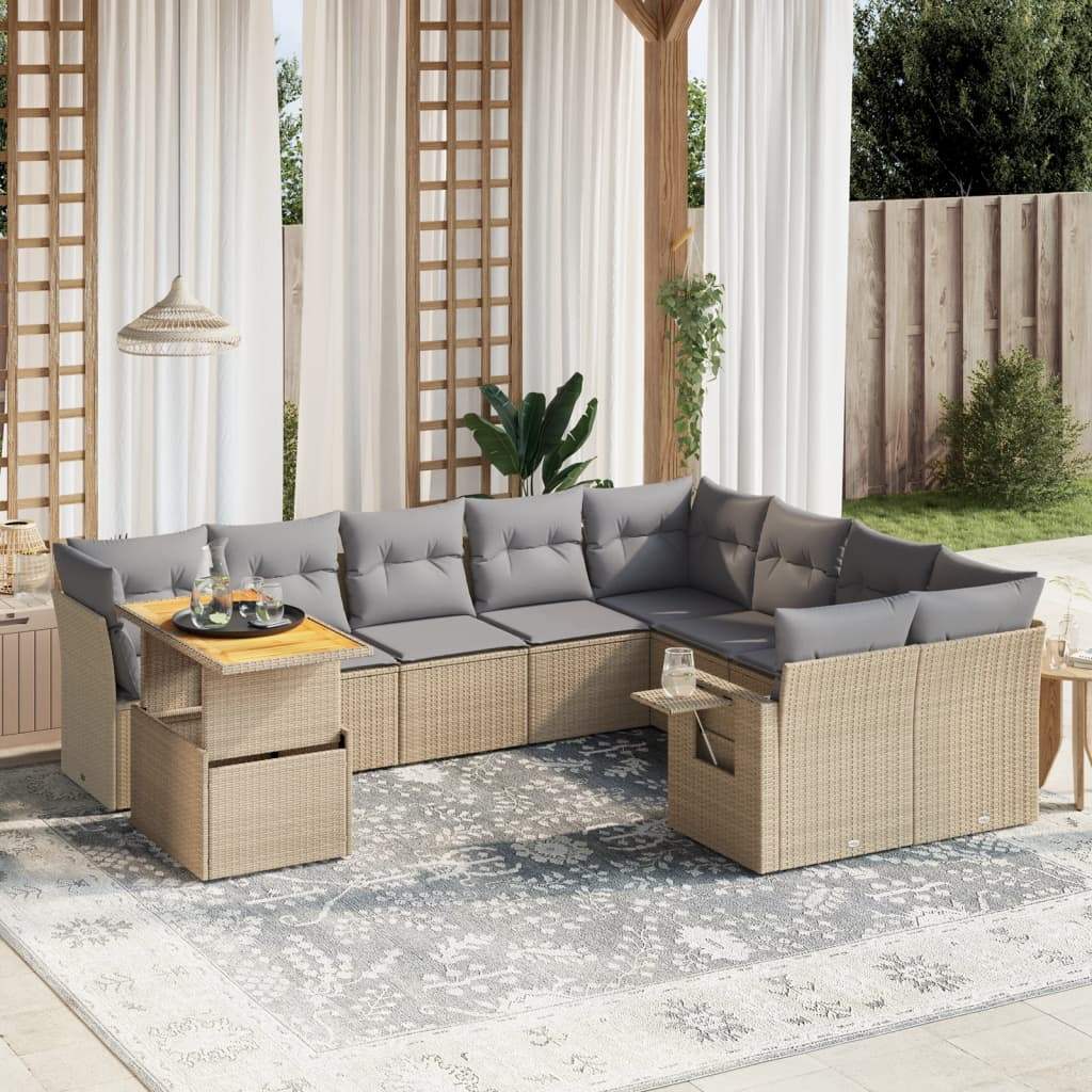 Set Divano da Giardino 10 pz con Cuscini Beige in Polyrattan - homemem39