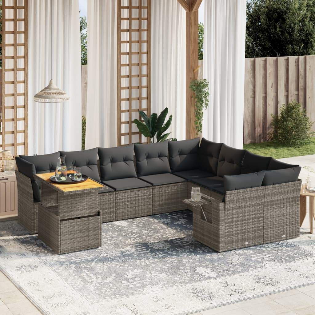 Set Divano da Giardino 10 pz con Cuscini Grigio in Polyrattan - homemem39