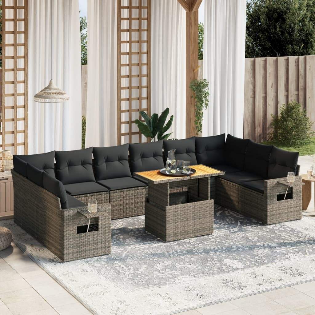 Set Divani da Giardino 11 pz con Cuscini in Polyrattan Grigio - homemem39