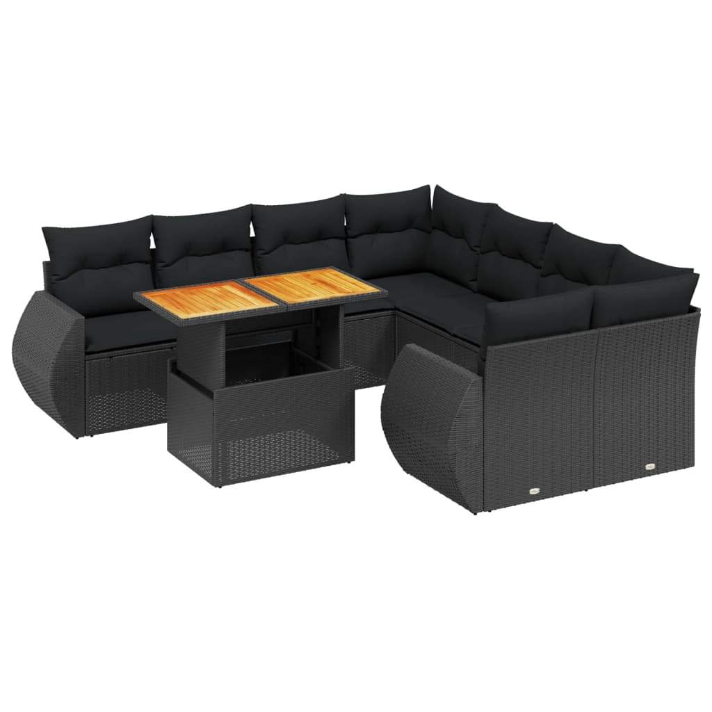 Set Divani da Giardino 9 pz con Cuscini Nero in Polyrattan - homemem39