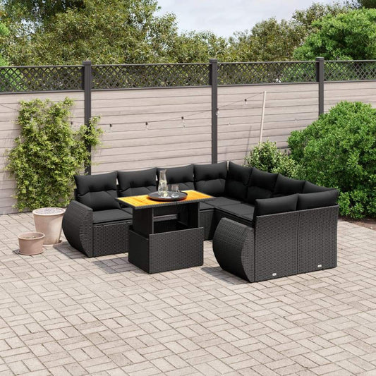 Set Divani da Giardino 9 pz con Cuscini Nero in Polyrattan - homemem39