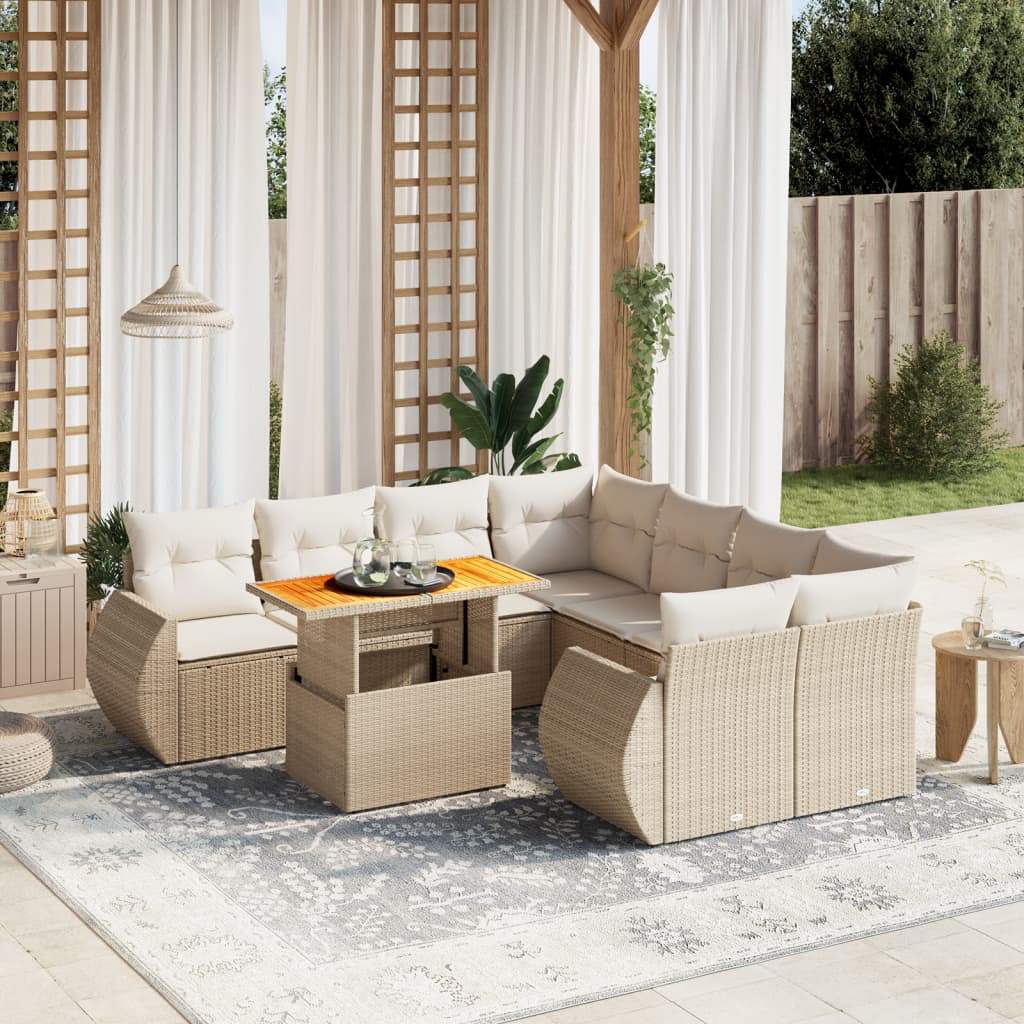 Set Divano da Giardino 9 pz con Cuscini Beige in Polyrattan - homemem39