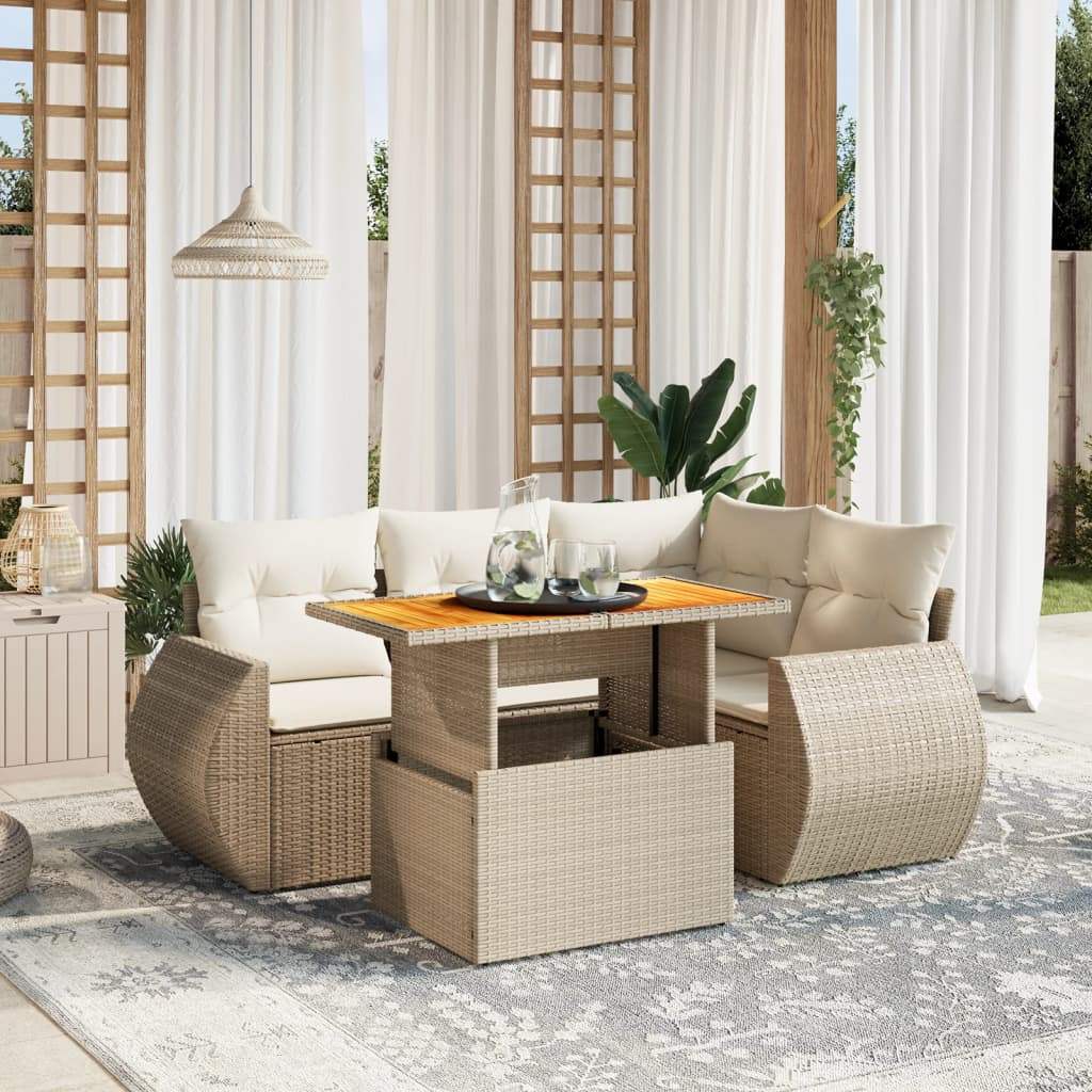 Set Divano da Giardino 5 pz con Cuscini Beige in Polyrattan - homemem39
