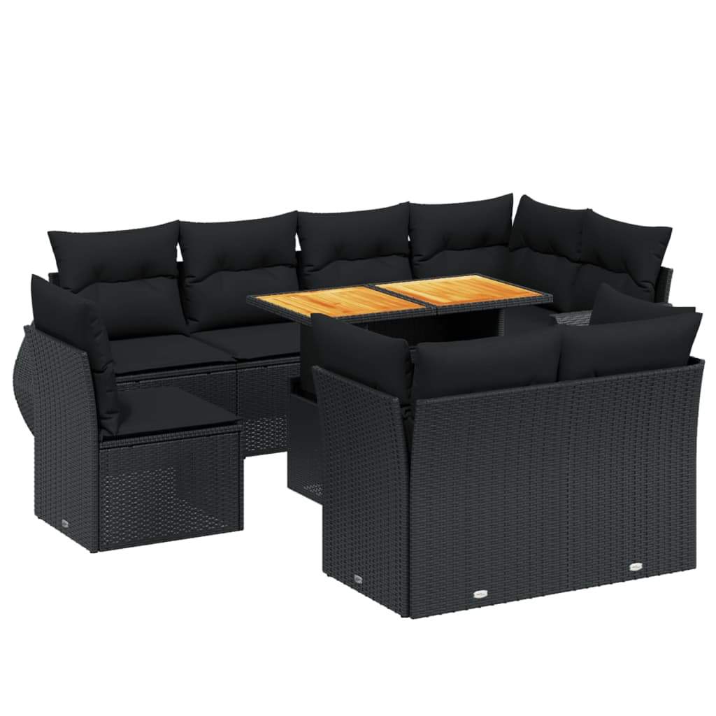 Set Divani da Giardino 9 pz con Cuscini Nero in Polyrattan - homemem39