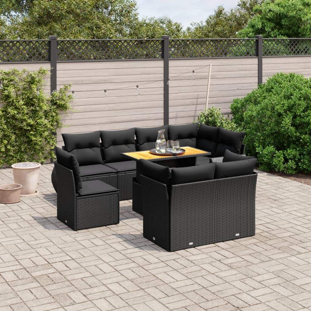 Set Divani da Giardino 9 pz con Cuscini Nero in Polyrattan - homemem39