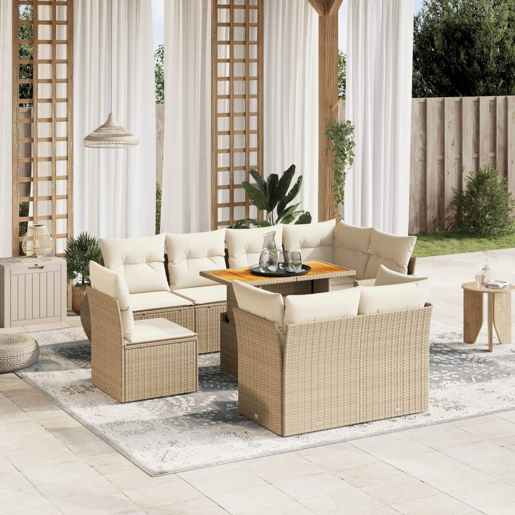 Set Divano da Giardino 9 pz con Cuscini Beige in Polyrattan - homemem39