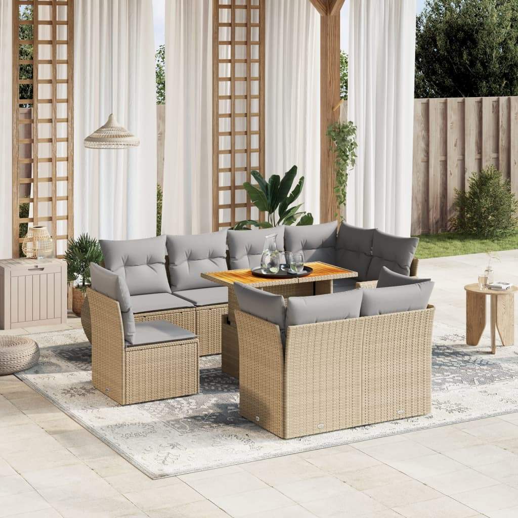 Set Divano da Giardino 9 pz con Cuscini Beige in Polyrattan - homemem39