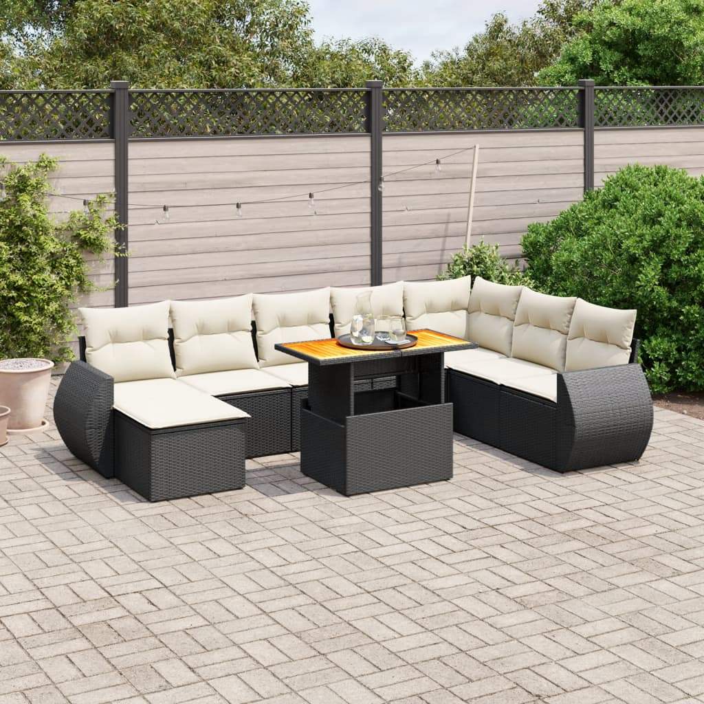 Set Divani da Giardino 9 pz con Cuscini Nero in Polyrattan - homemem39