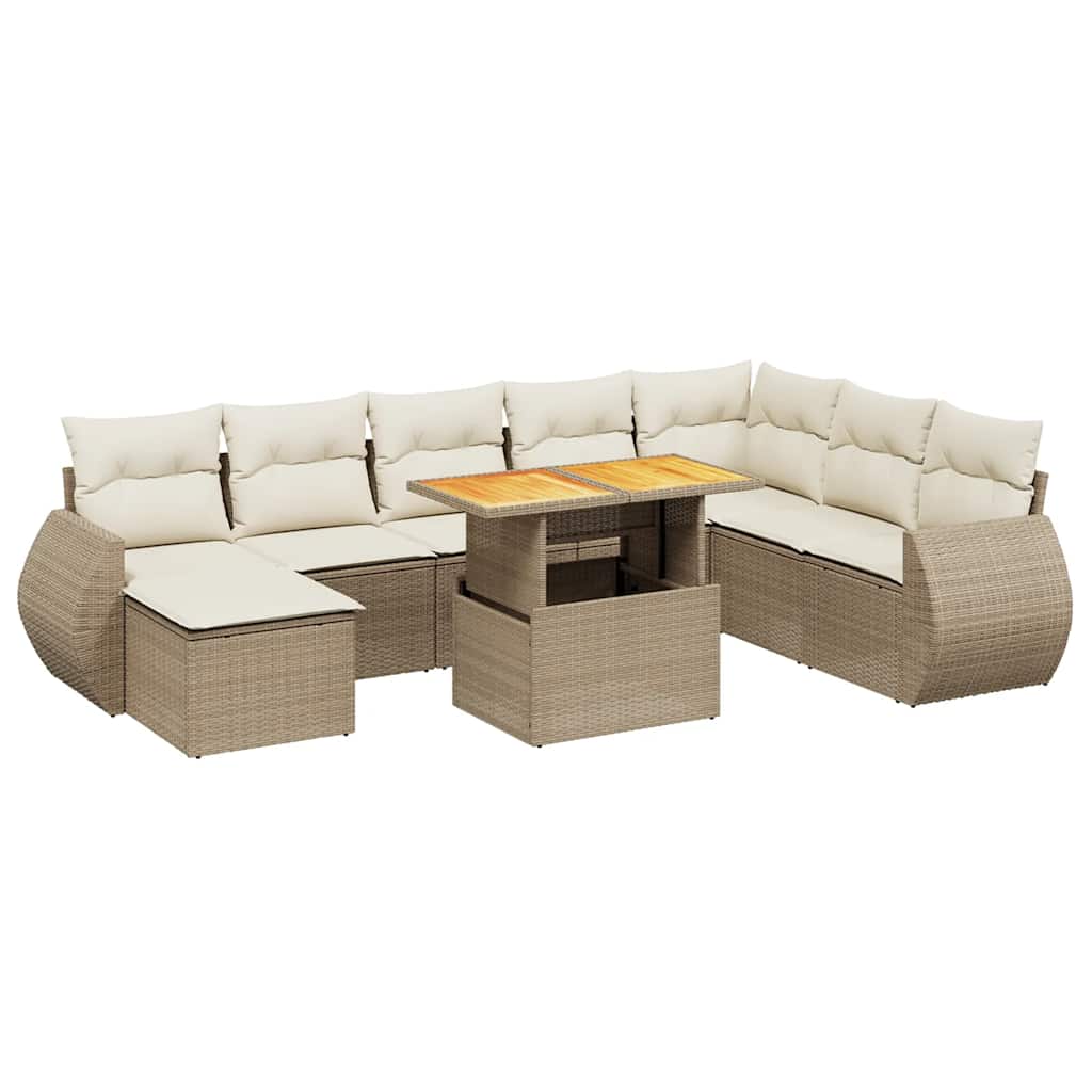 Set Divano da Giardino 9 pz con Cuscini Beige in Polyrattan
