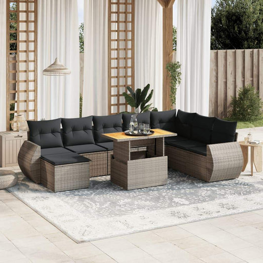 Set Divano da Giardino 9 pz con Cuscini Grigio in Polyrattan - homemem39