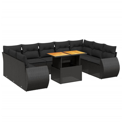 Set Divani da Giardino 10pz con Cuscini in Polyrattan Nero