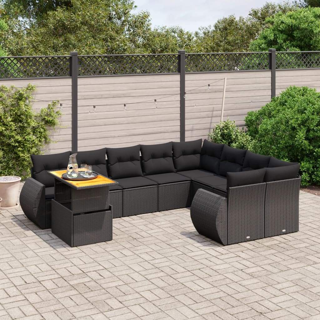 Set Divani da Giardino 10pz con Cuscini in Polyrattan Nero - homemem39