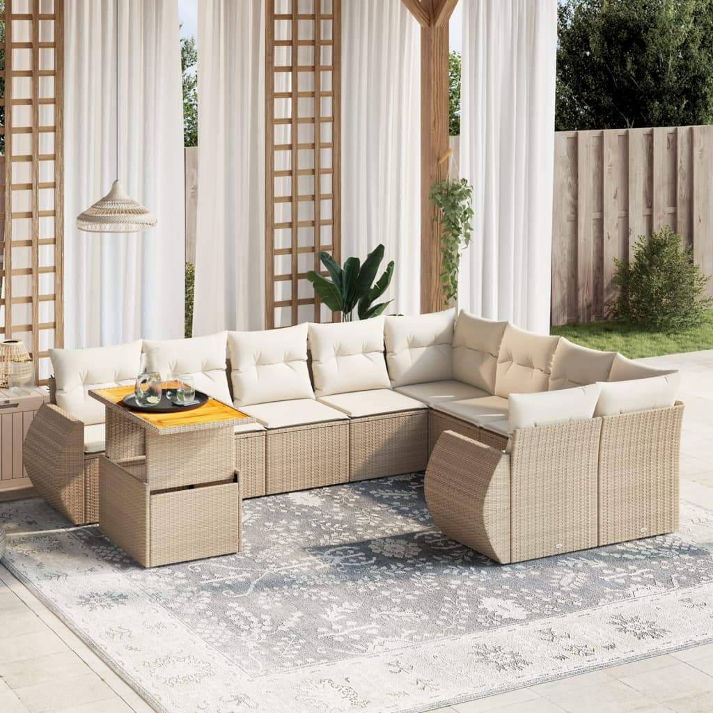 Set Divano da Giardino 10 pz con Cuscini Beige in Polyrattan - homemem39