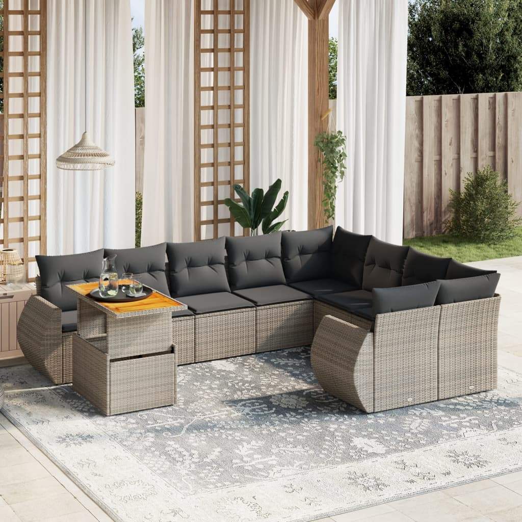 Set Divano da Giardino 10 pz con Cuscini Grigio in Polyrattan - homemem39