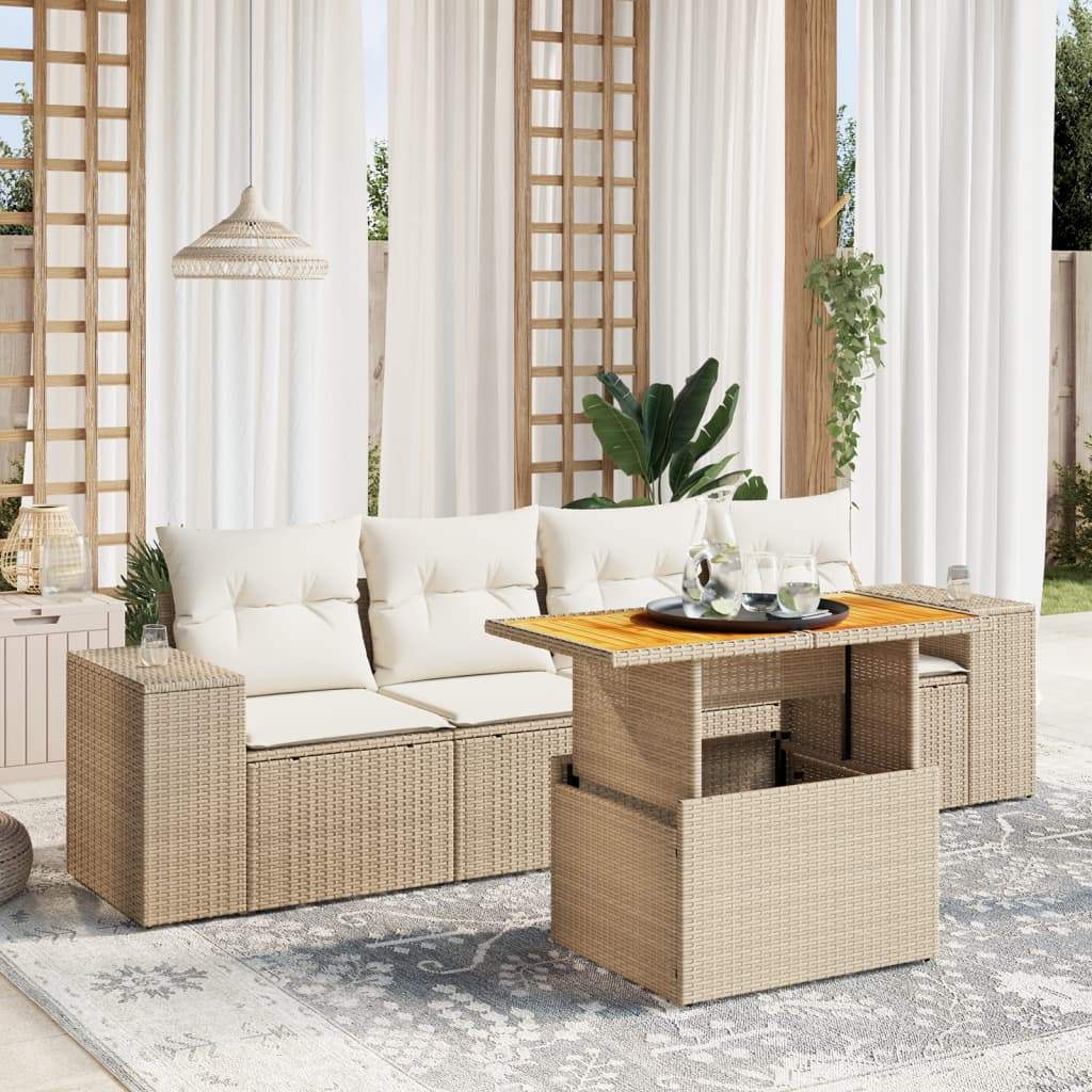 Set Divano da Giardino 5 pz con Cuscini Beige in Polyrattan - homemem39