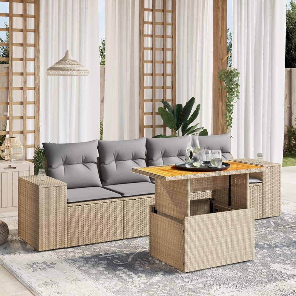 Set Divano da Giardino 5 pz con Cuscini Beige in Polyrattan - homemem39