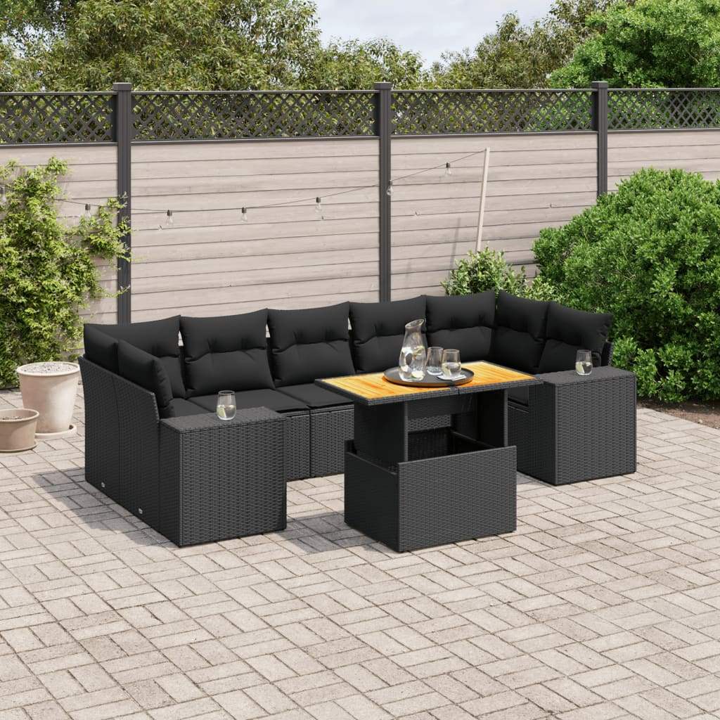 Set Divani da Giardino con Cuscini 8 pz Nero in Polyrattan - homemem39