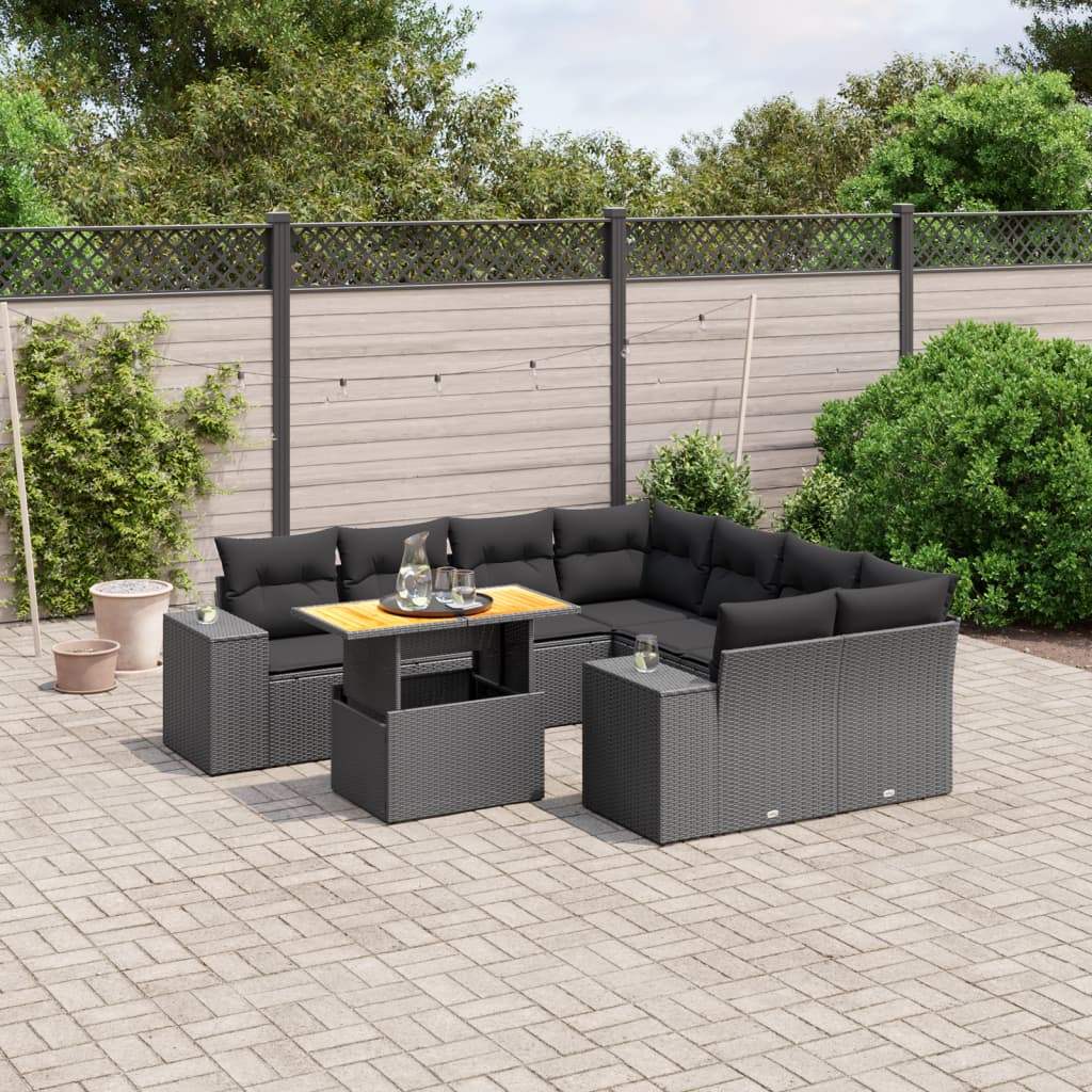 Set Divani da Giardino 9 pz con Cuscini Nero in Polyrattan - homemem39