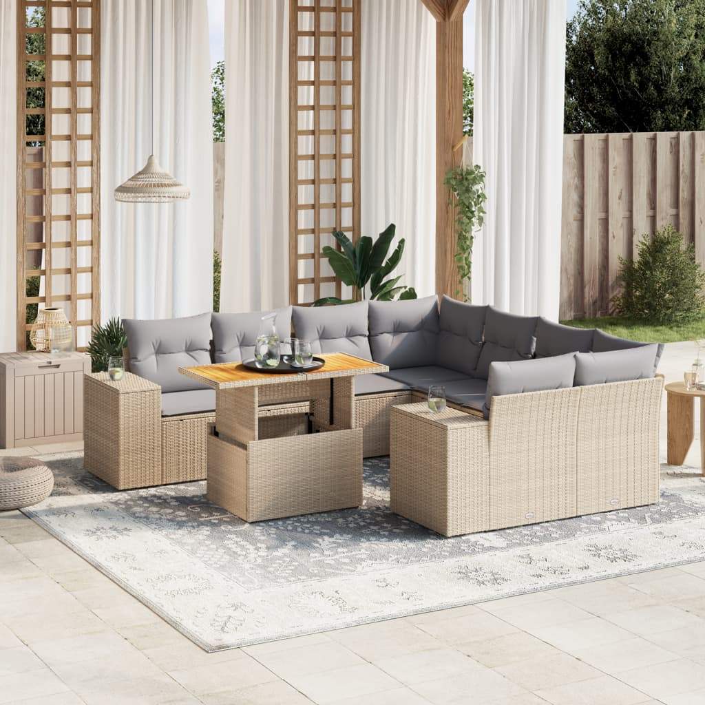 Set Divano da Giardino 9 pz con Cuscini Beige in Polyrattan - homemem39