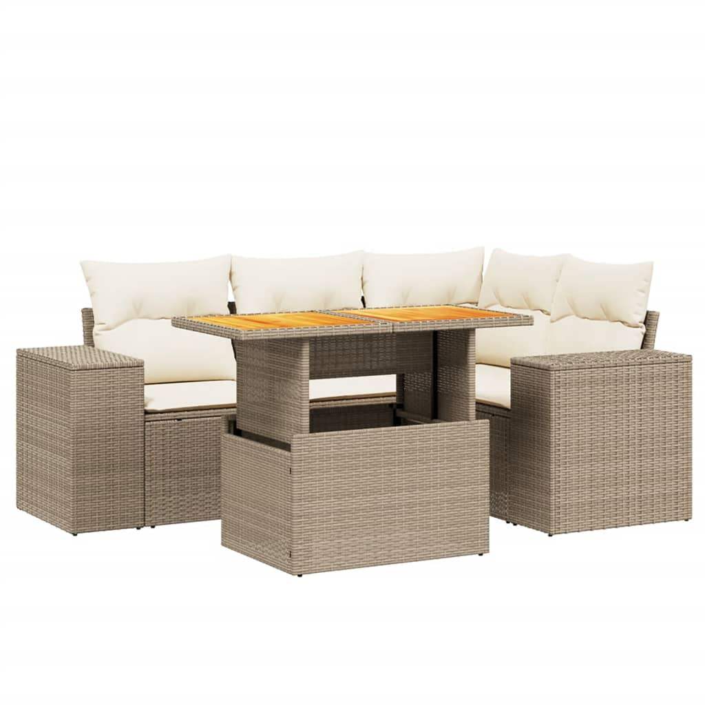 Set Divano da Giardino 5 pz con Cuscini Beige in Polyrattan - homemem39