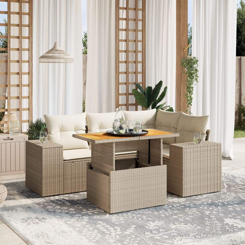 Set Divano da Giardino 5 pz con Cuscini Beige in Polyrattan - homemem39