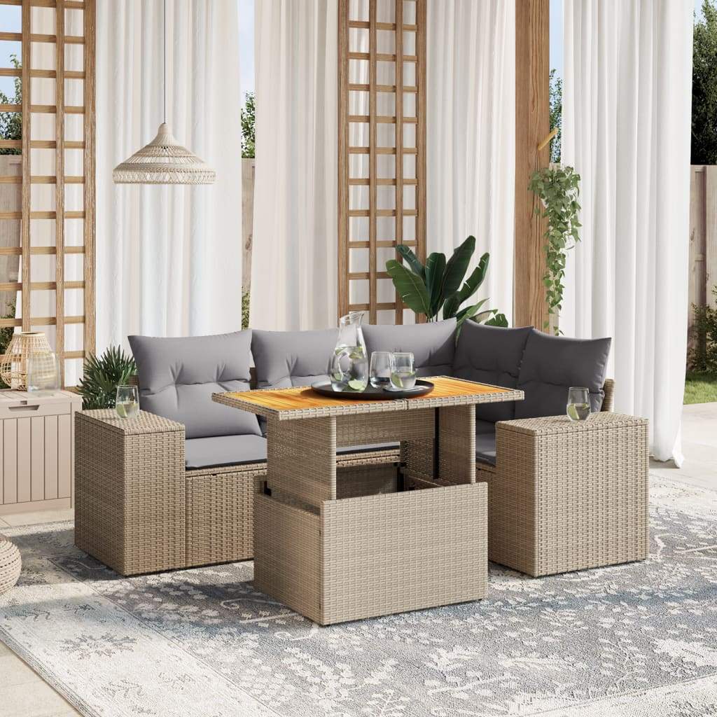 Set Divano da Giardino 5 pz con Cuscini Beige in Polyrattan - homemem39
