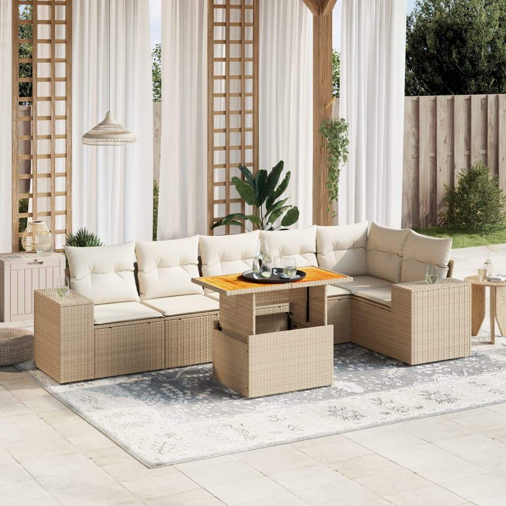 Set Divani da Giardino 7 pz con Cuscini Beige in Polyrattan - homemem39