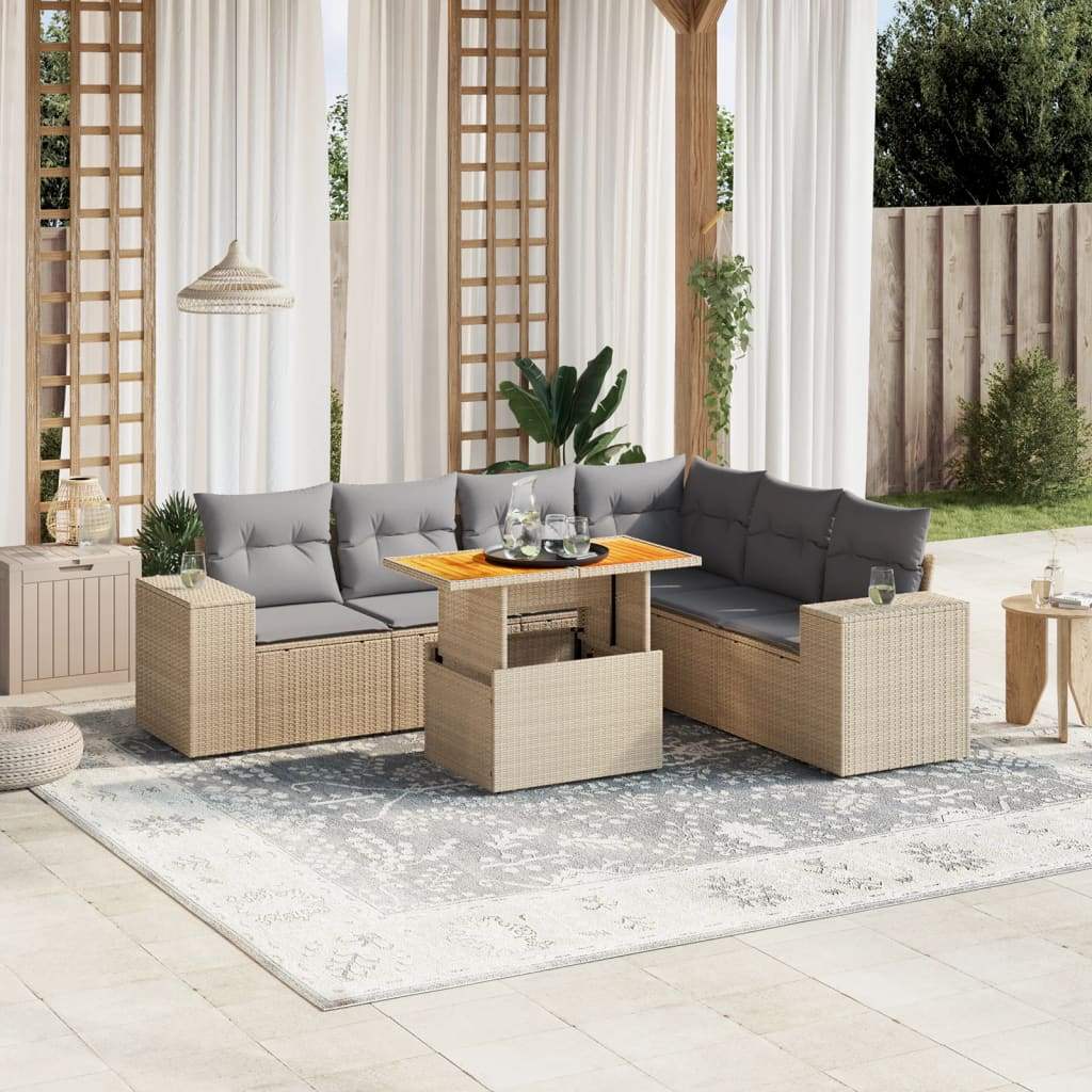 Set Divani da Giardino 7 pz con Cuscini Beige in Polyrattan - homemem39