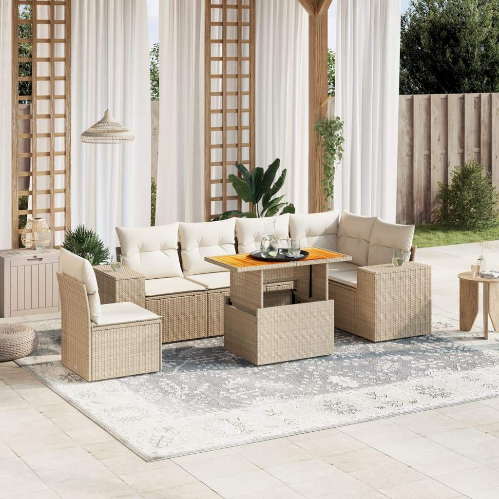 Set Divani da Giardino 7 pz con Cuscini Beige in Polyrattan - homemem39