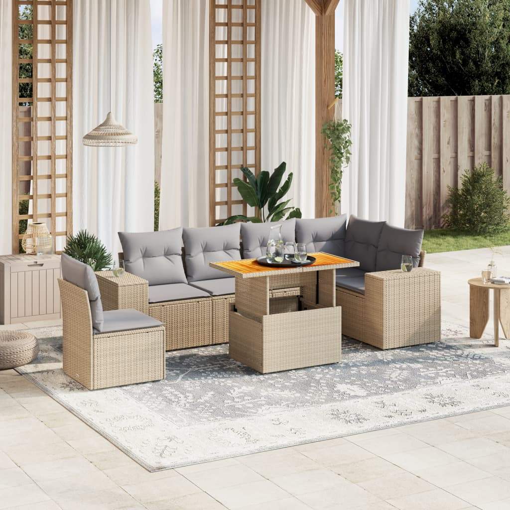 Set Divani da Giardino 7 pz con Cuscini Beige in Polyrattan - homemem39