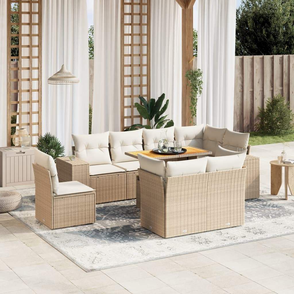 Set Divano da Giardino 9 pz con Cuscini Beige in Polyrattan - homemem39