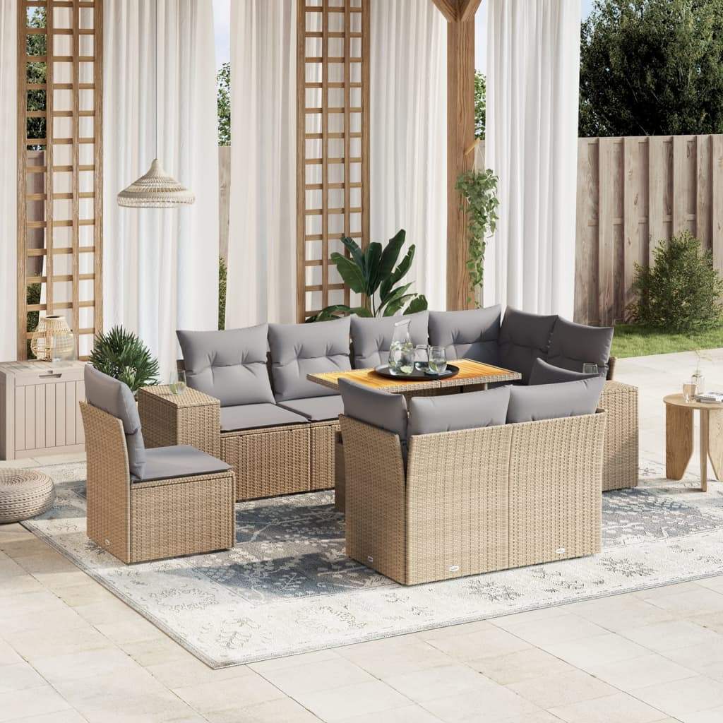 Set Divano da Giardino 9 pz con Cuscini Beige in Polyrattan - homemem39