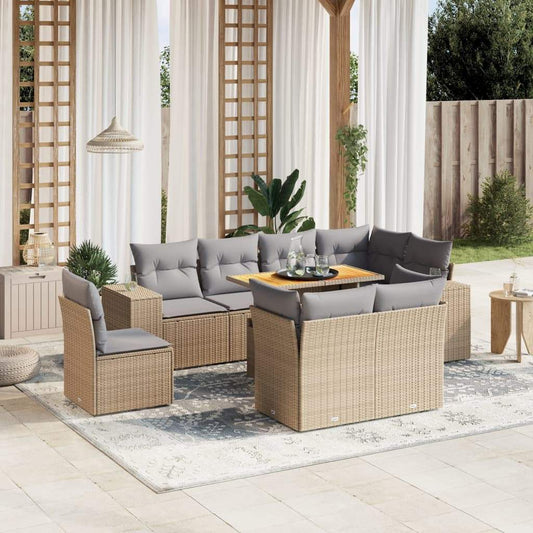 Set Divano da Giardino 9 pz con Cuscini Beige in Polyrattan - homemem39