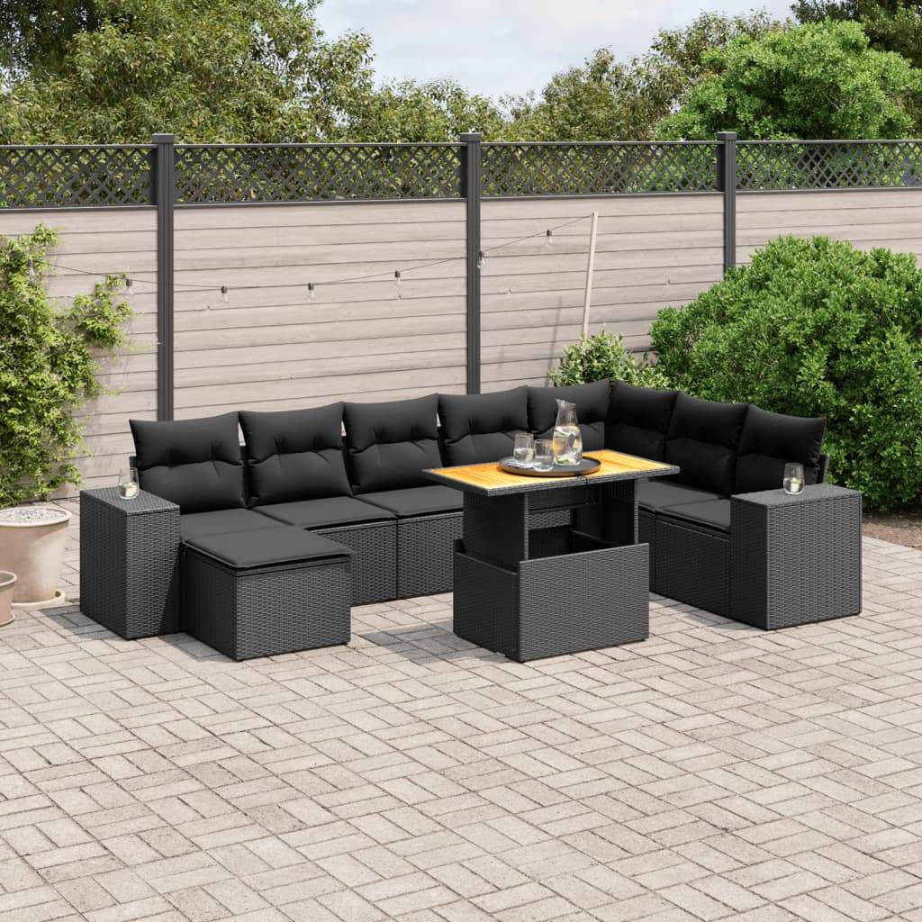 Set Divani da Giardino 9 pz con Cuscini Nero in Polyrattan - homemem39