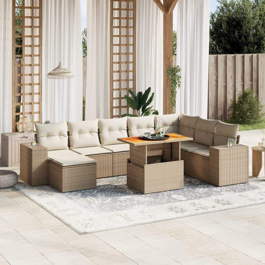 Set Divano da Giardino 9 pz con Cuscini Beige in Polyrattan - homemem39