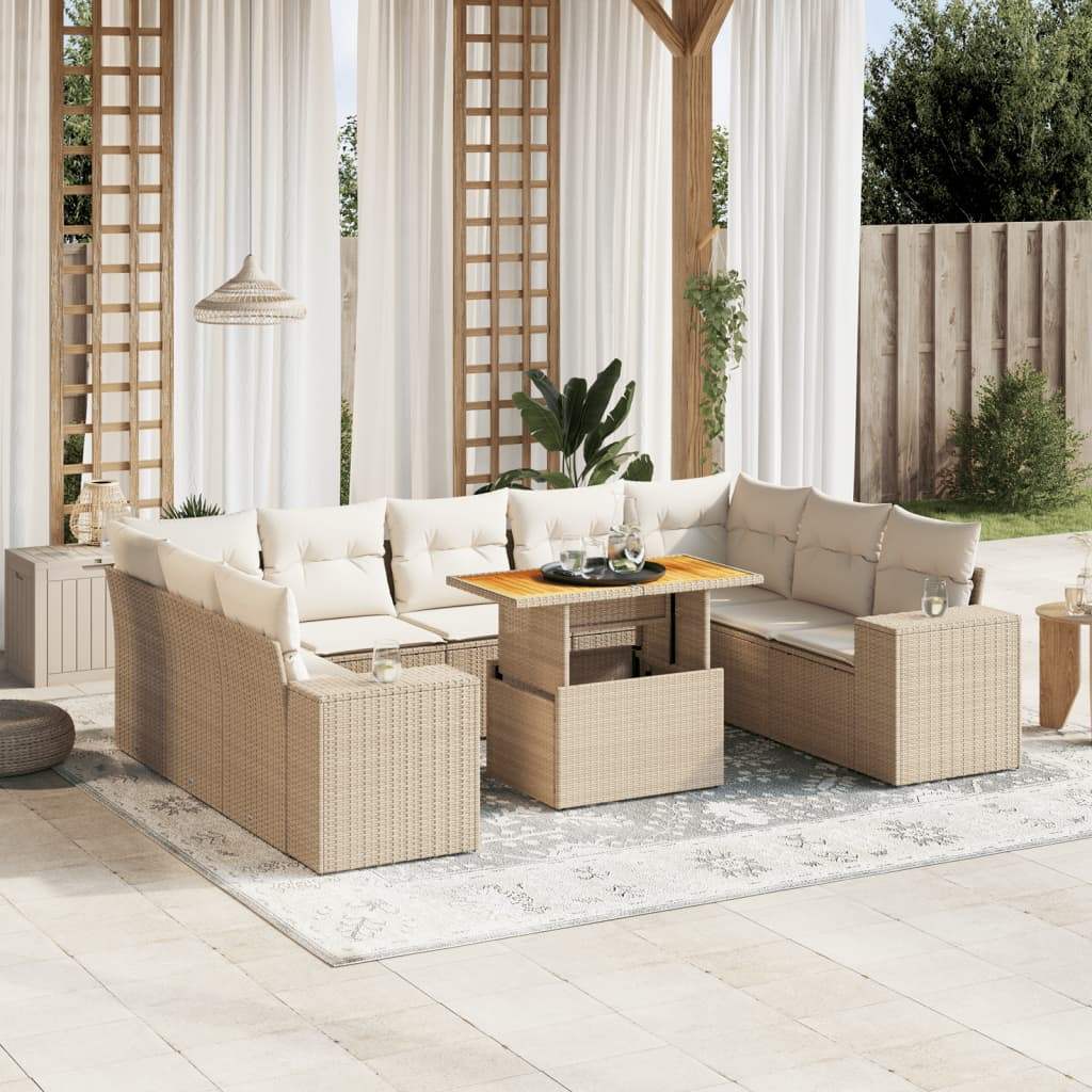 Set Divano da Giardino 10 pz con Cuscini Beige in Polyrattan - homemem39