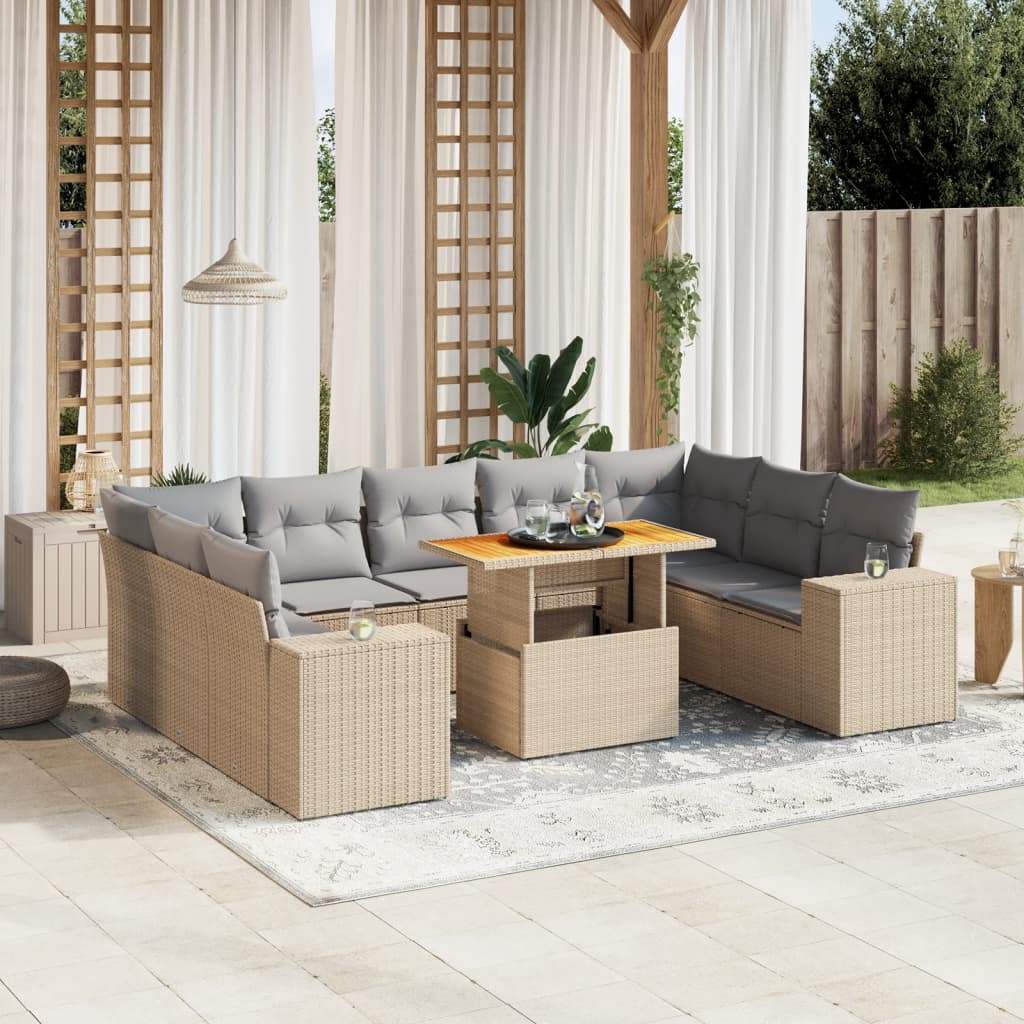 Set Divano da Giardino 10 pz con Cuscini Beige in Polyrattan - homemem39